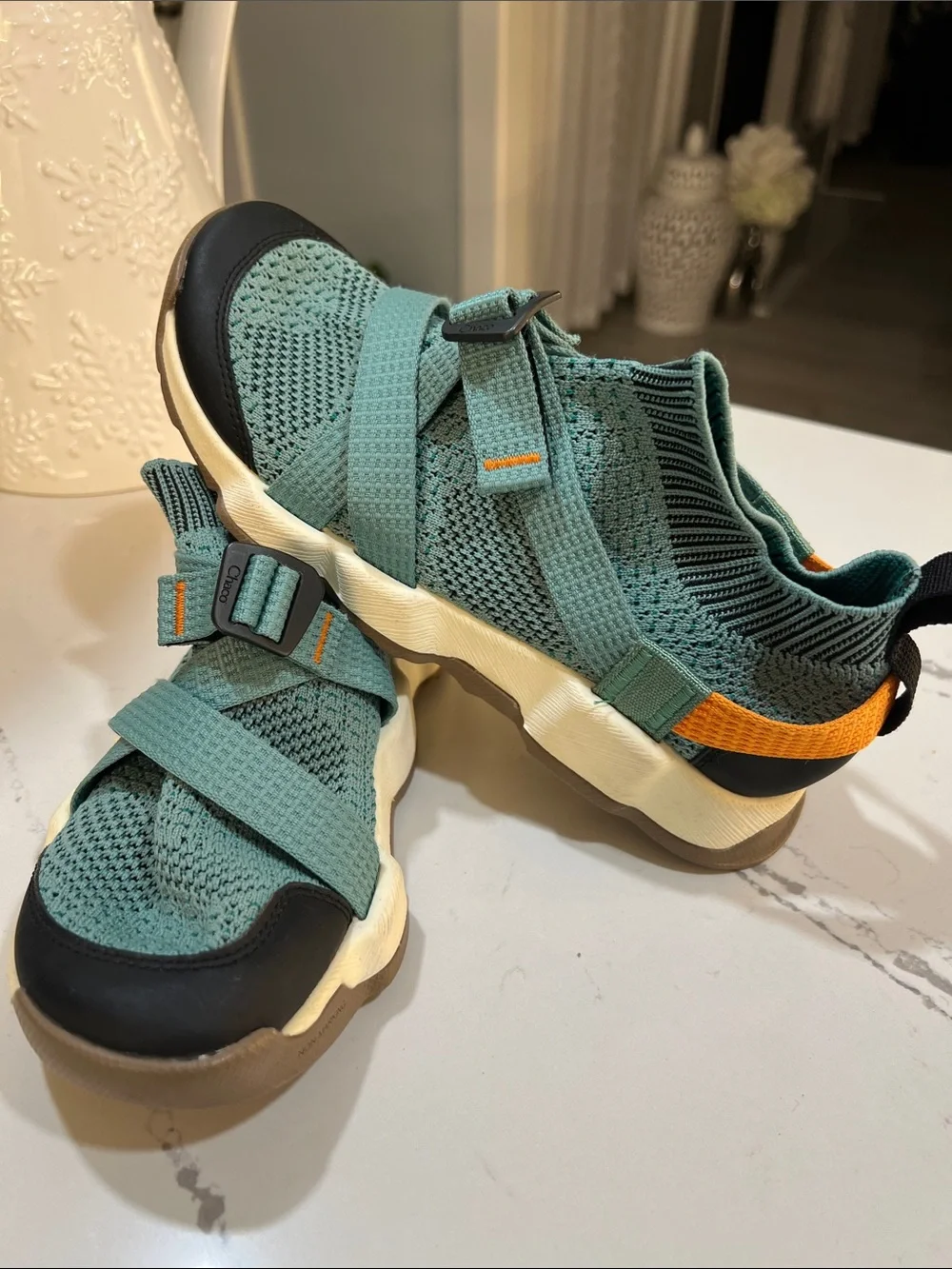 Chaco Teal Knit Strap Sneakers with Orange Heel Accent size W7